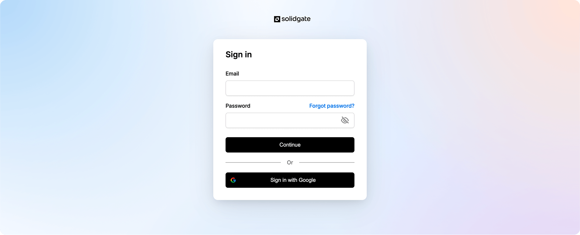 Login screen featuring fields for email and password, along with a Google sign-in option.