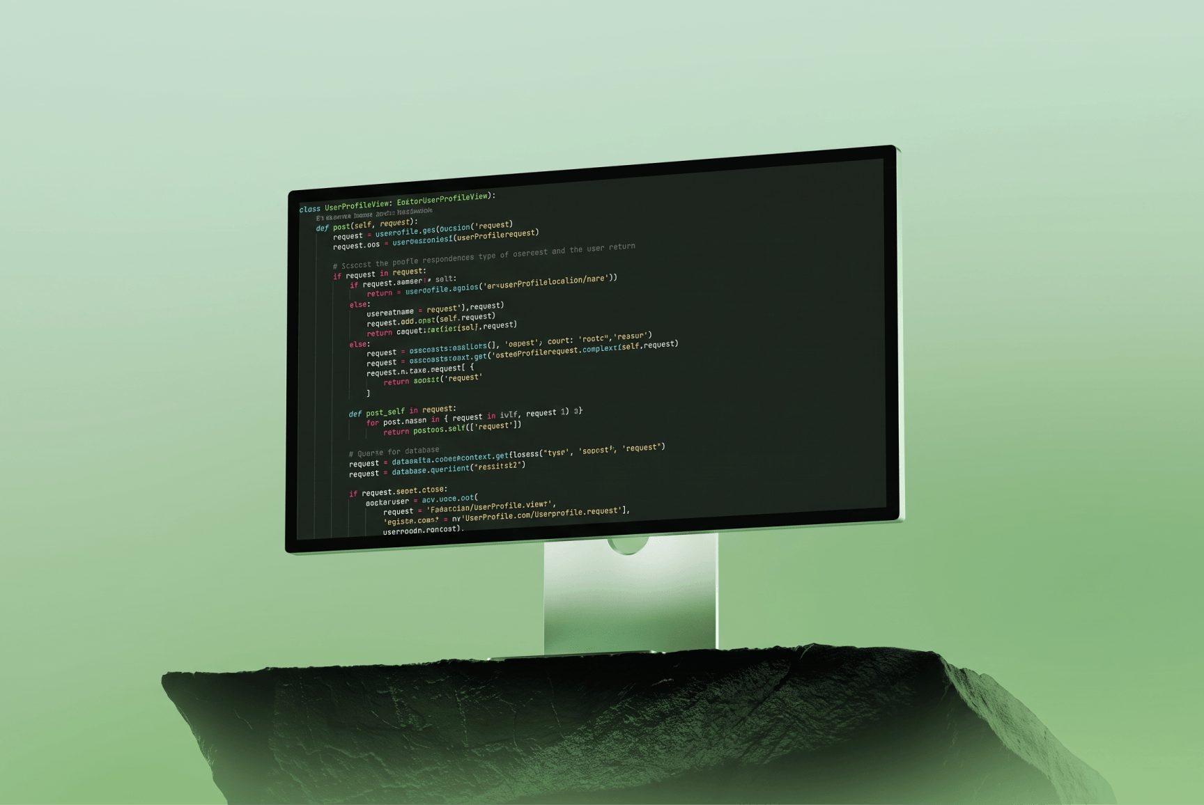 A computer monitor displaying code, resting on a rock with a green background.