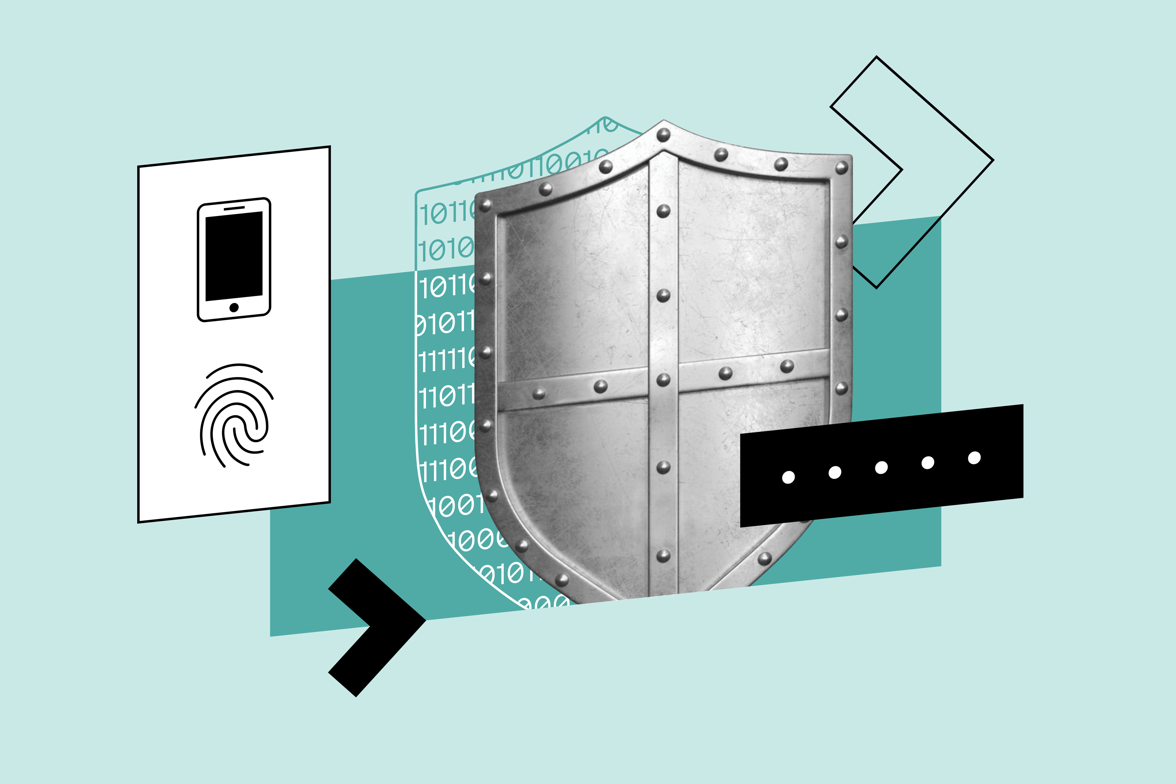 A shield is surrounded by authentication icons and a string of binary, symbolizing digital security and strong protection.