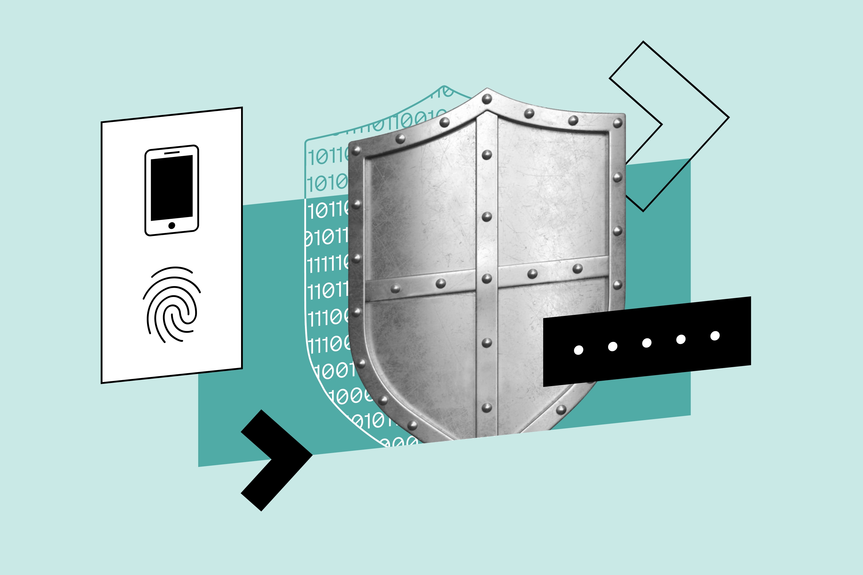 A shield is surrounded by authentication icons and a string of binary, symbolizing digital security and strong protection.