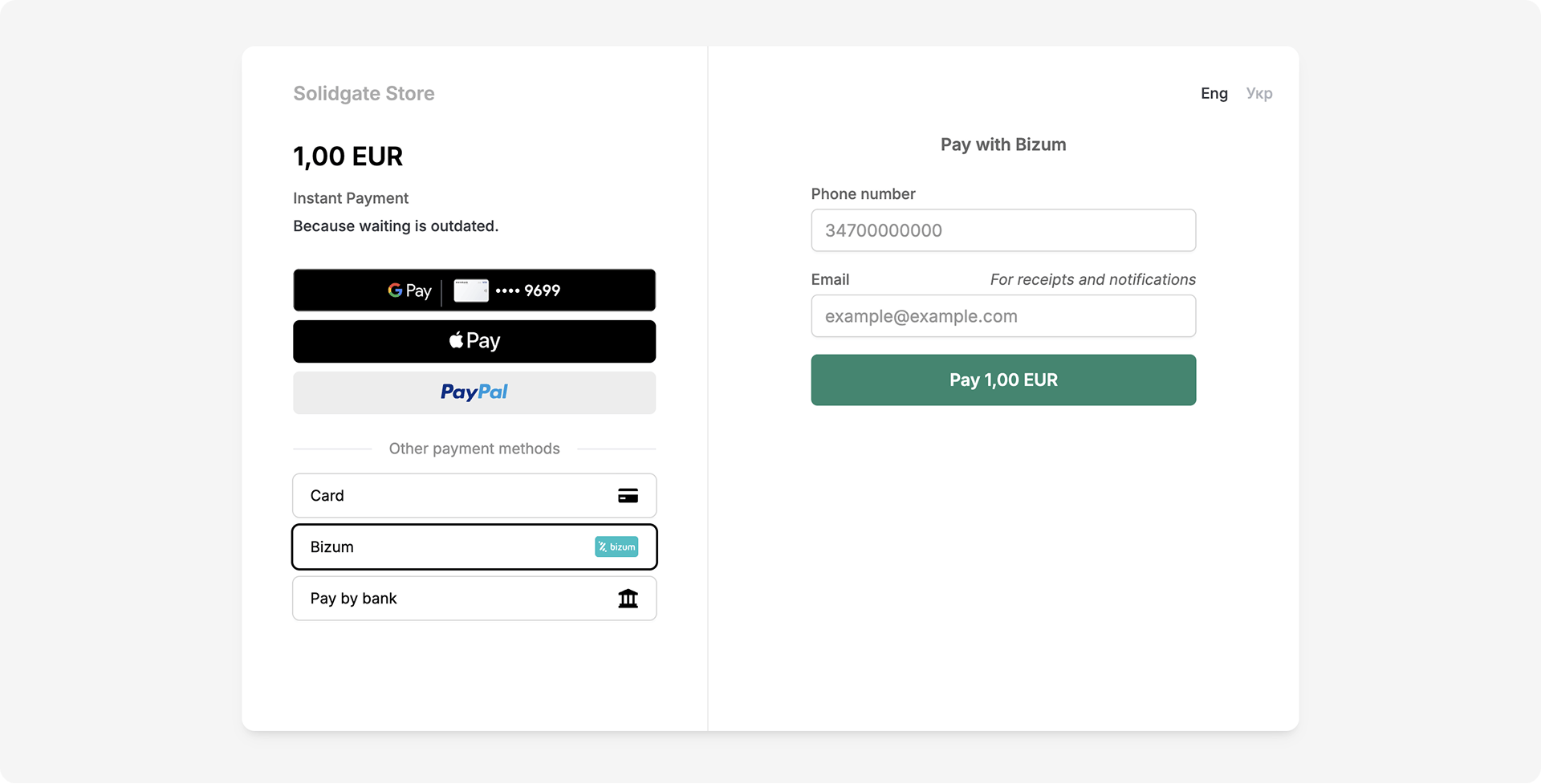Payment checkout page showing a 1.00 EUR total, payment methods, and contact input fields.
