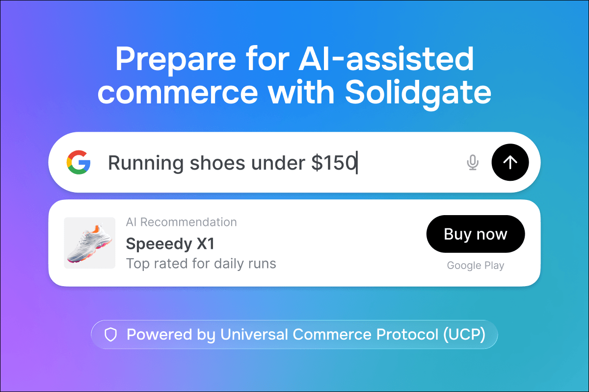 Solidgate demonstrates AI-assisted commerce with a search for running shoes and a product recommendation.