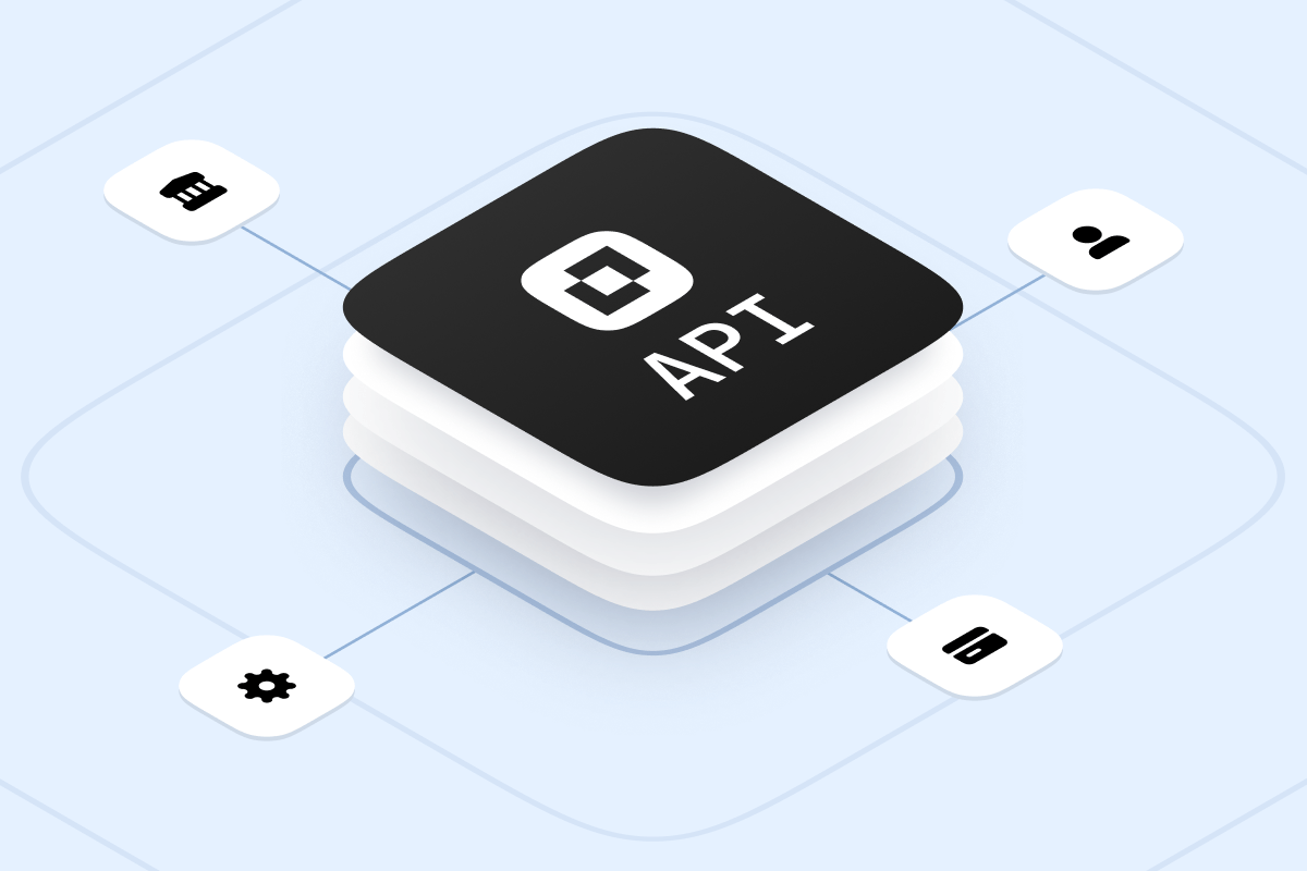 Stylized stack of API icon blocks connected to user, settings, and database symbols.
