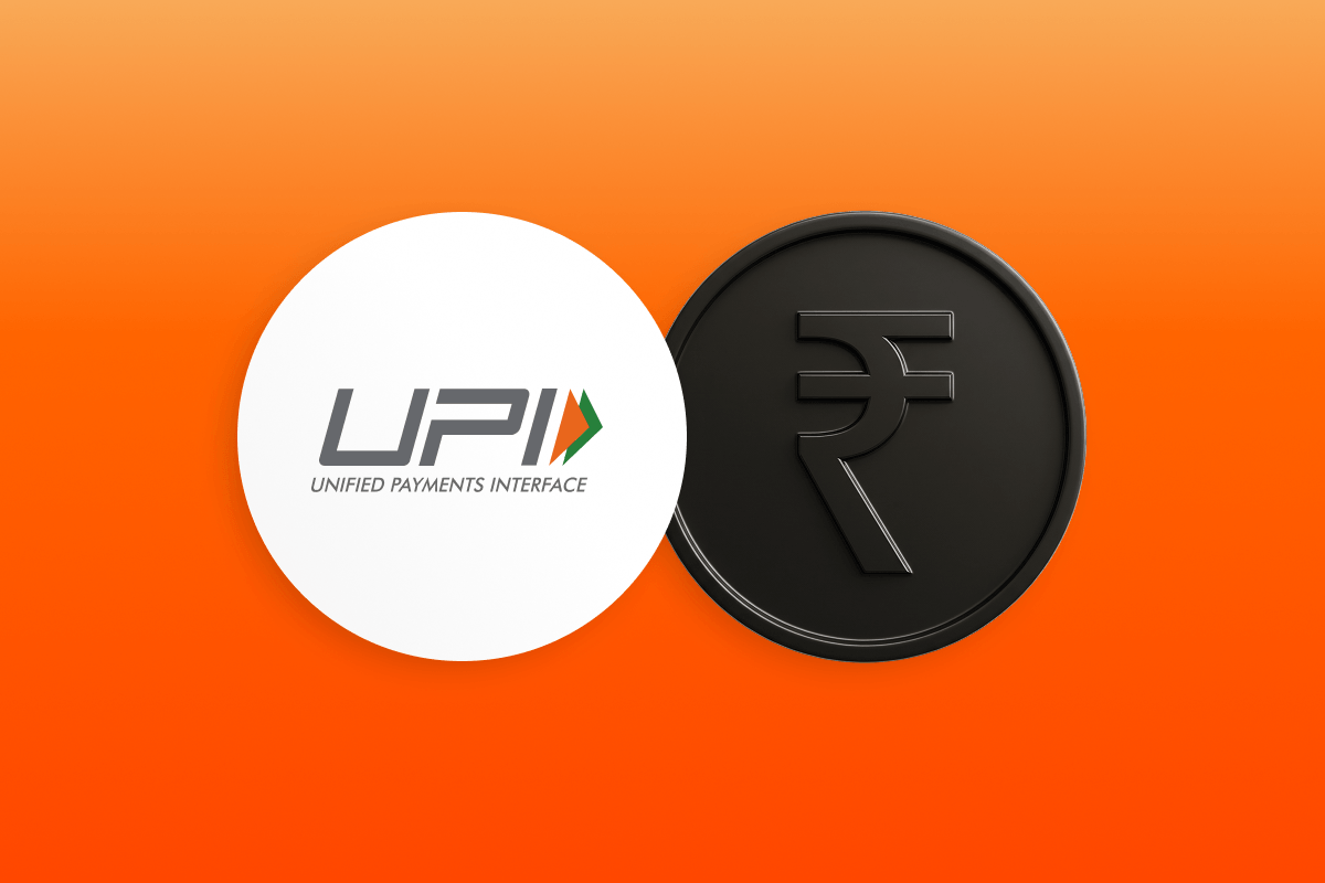 White circle with UPI logo alongside a black circle with the Indian Rupee symbol.