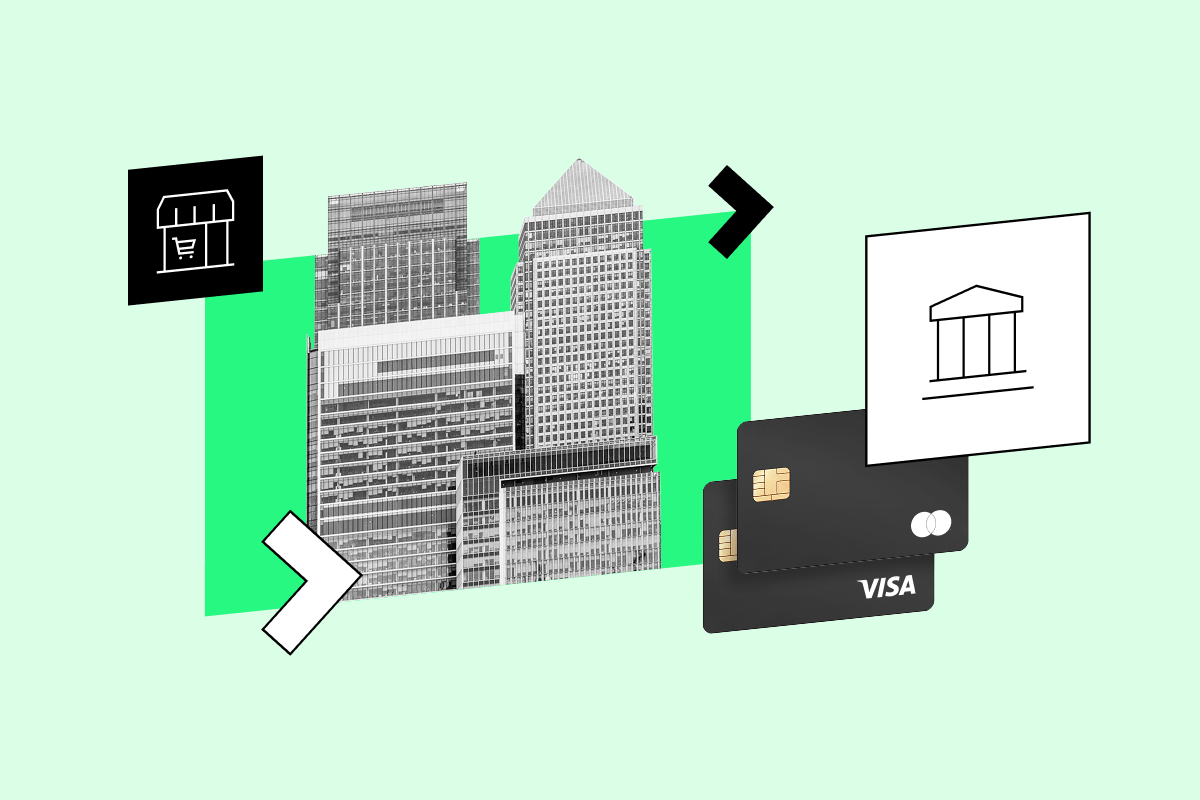 A collage of office buildings, credit cards, and icons for a merchant and a bank, representing business and banking relationships.