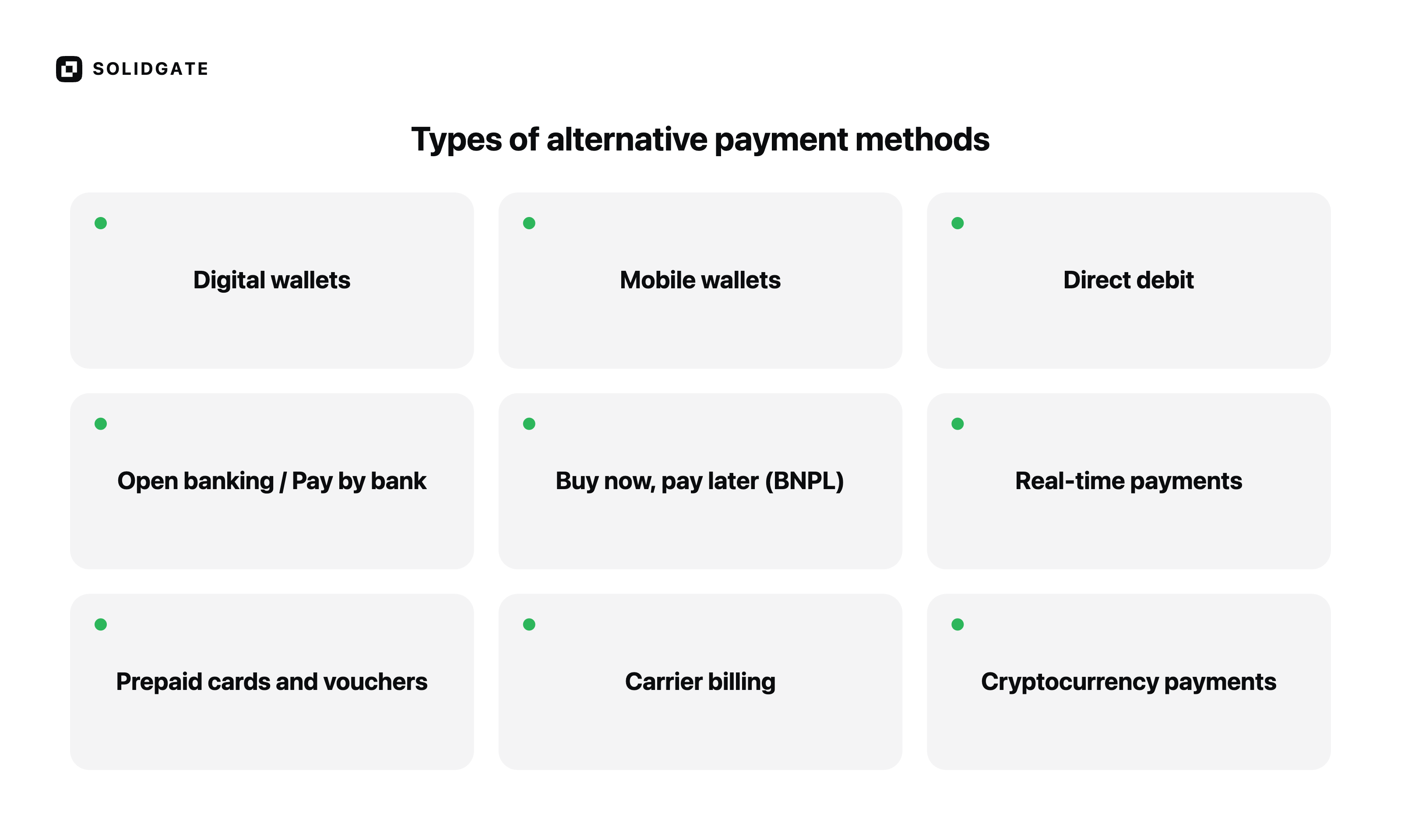 A grid lists nine alternative payment methods, including digital wallets, direct debit, and cryptocurrency.
