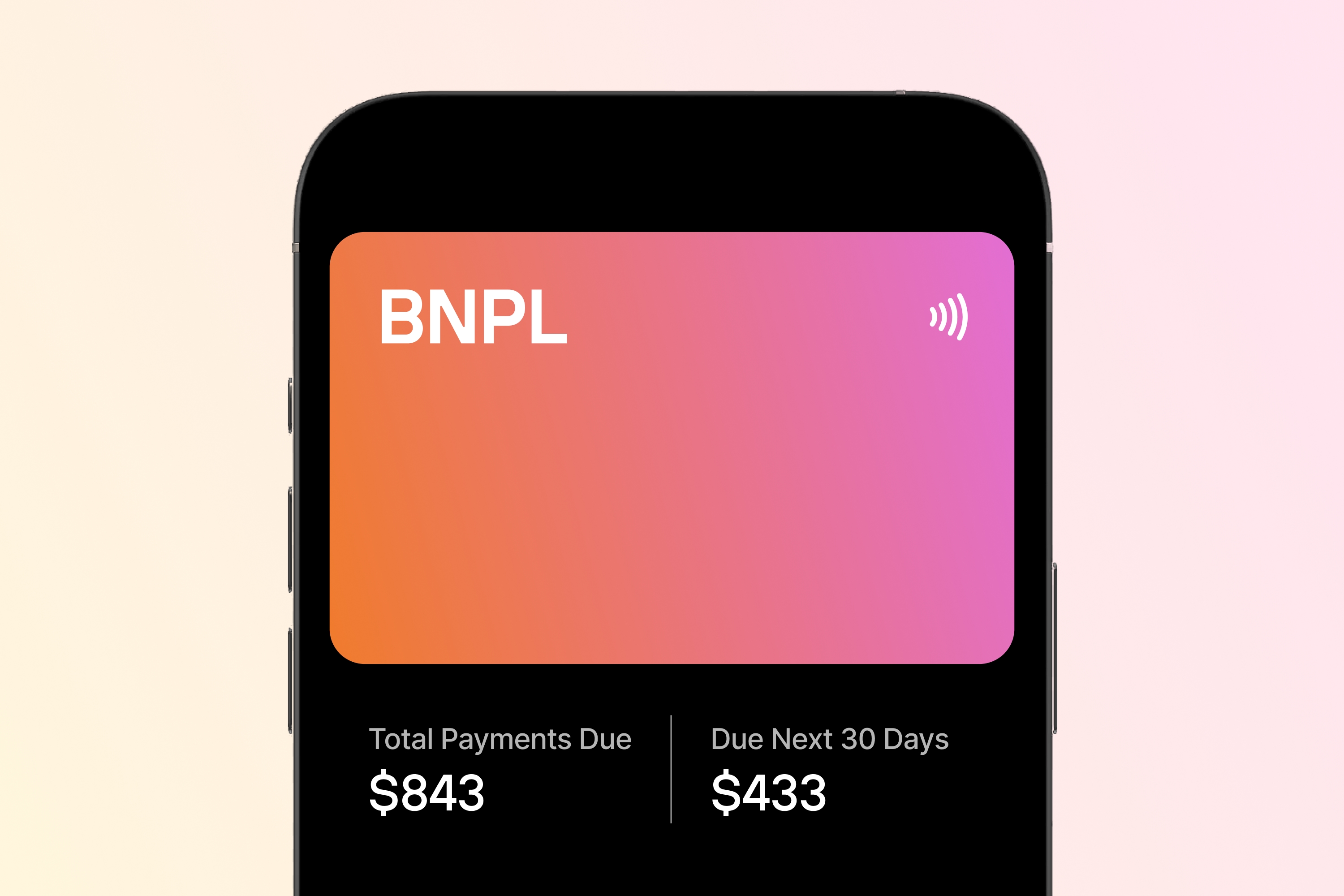 A smartphone screen displays a digital card labeled "BNPL" in white text on a gradient orange-to-pink background.