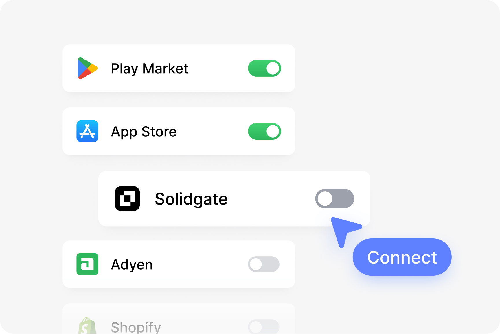 User interface showing a list of integrations with toggle switches and a "Connect" button.