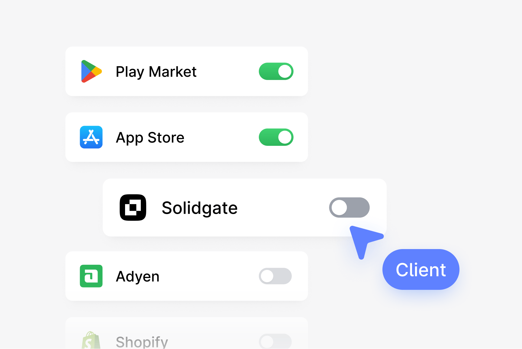 A cursor hovers over the Solidgate toggle switch, which is currently in the off position.