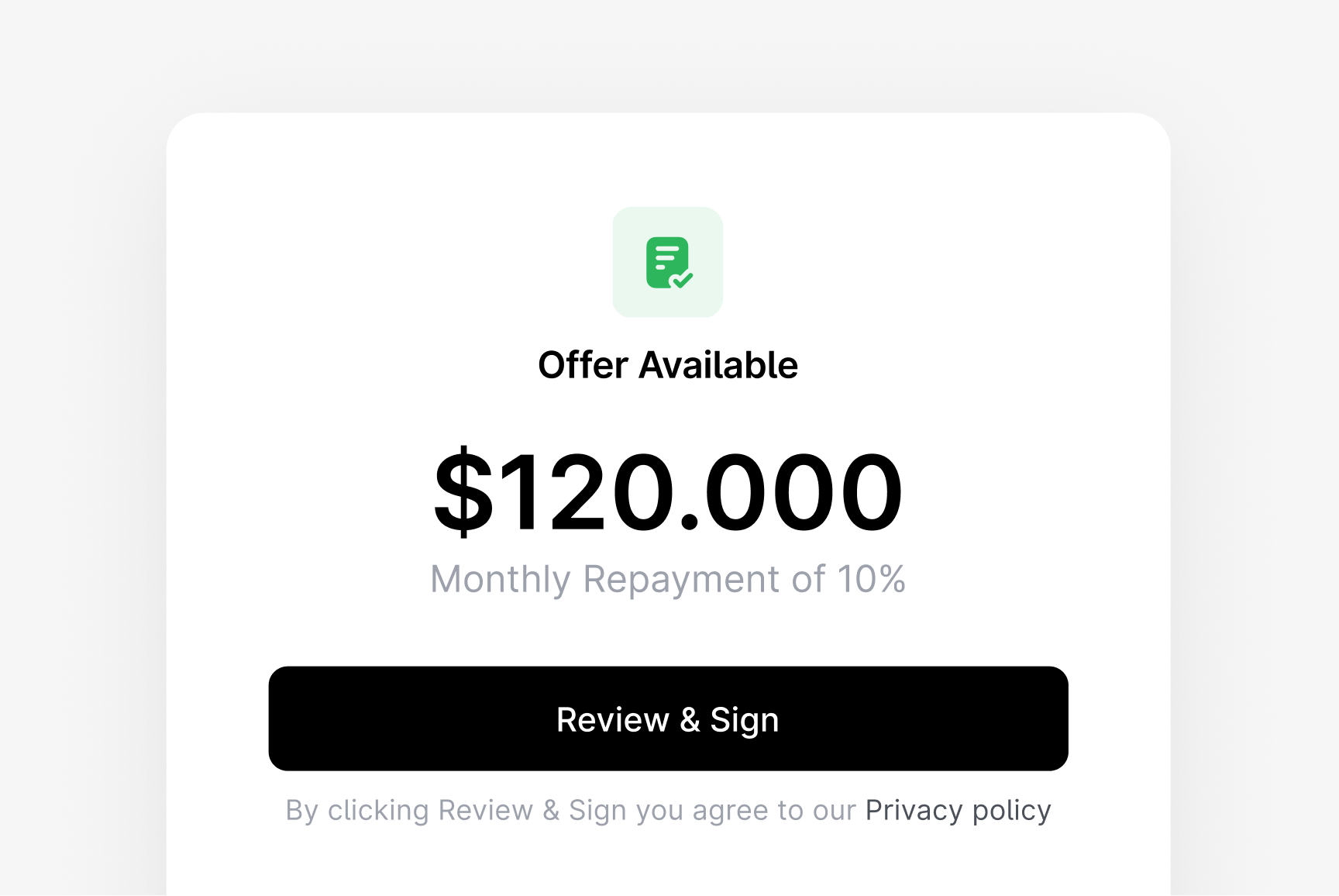 An offer of $120,000 with 10% monthly repayment and a 'Review & Sign' button.