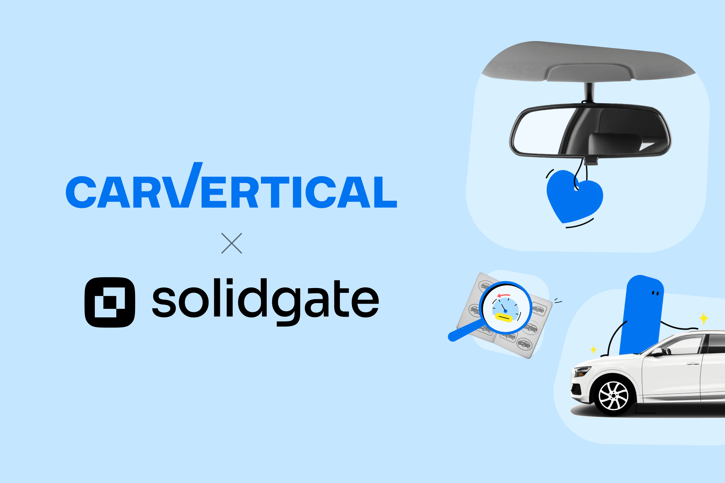 CarVertical and Solidgate logos side-by-side, indicating a new partnership, with automotive illustrations.