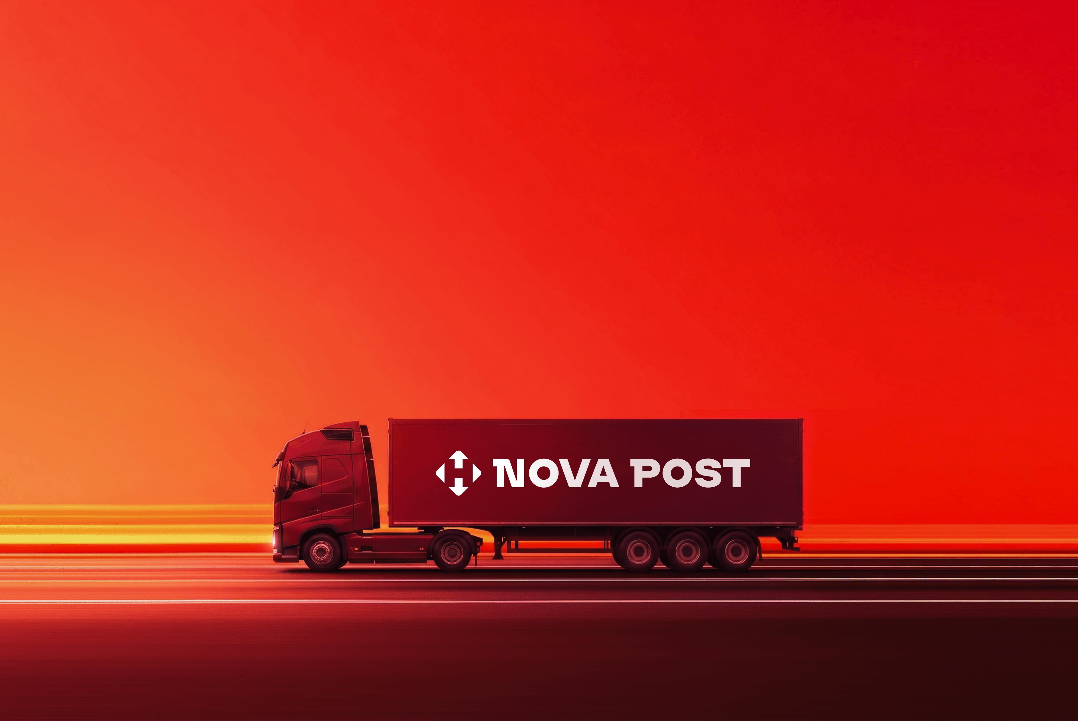 Red Nova Post semi-truck speeding across a vibrant red and orange background.
