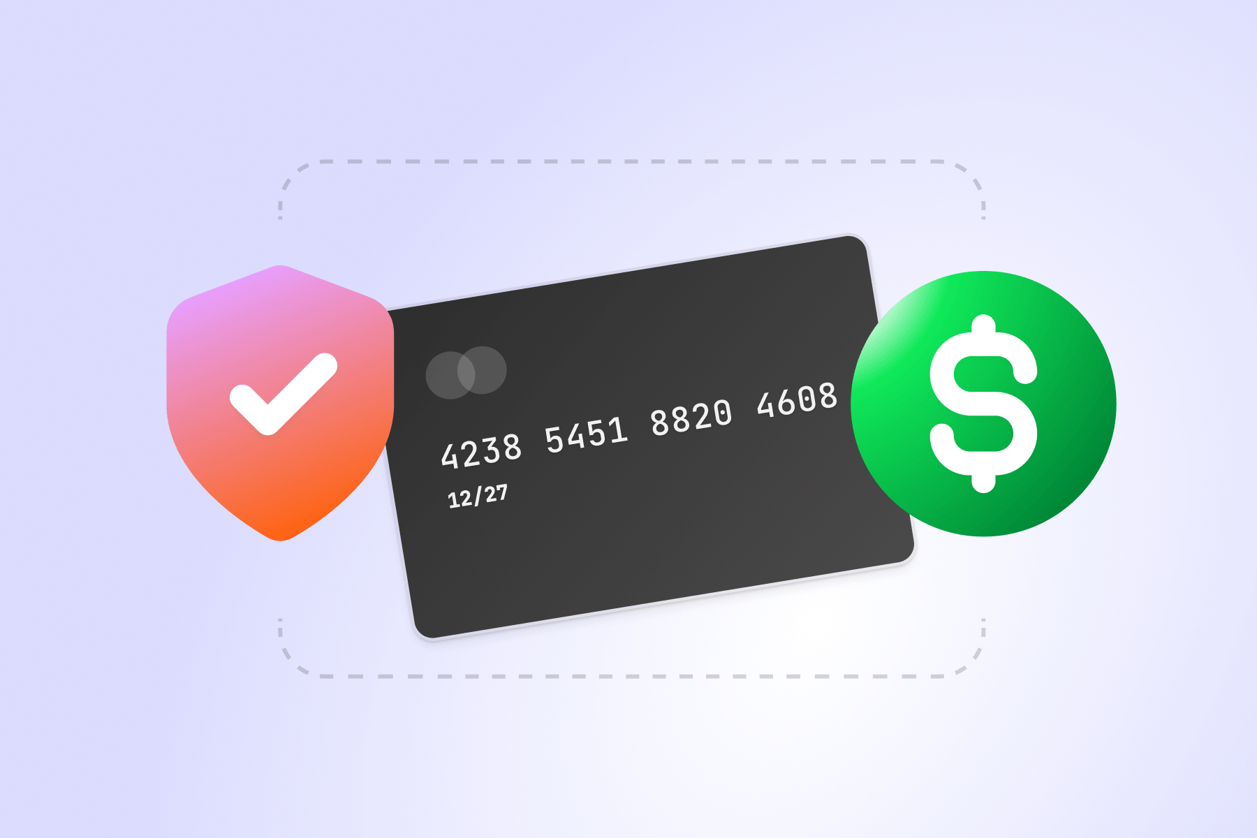 A dark credit card is flanked by a security shield and a dollar sign.