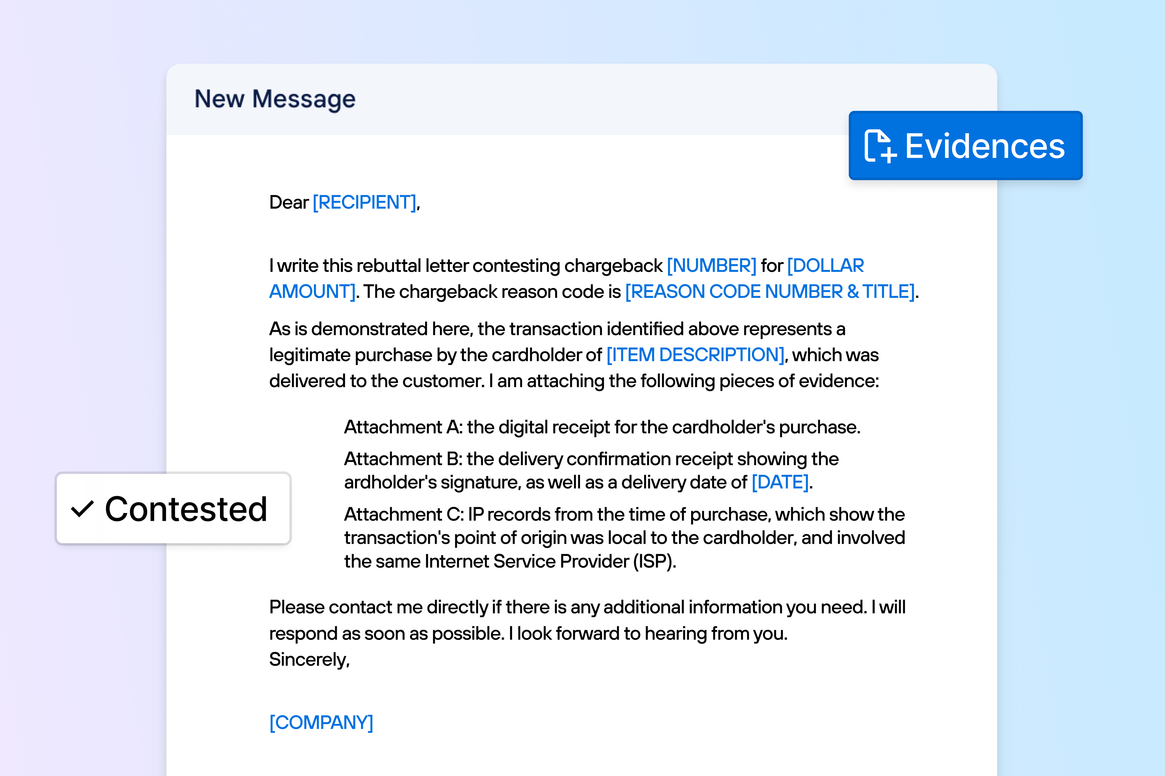 Email template for contesting a transaction, with highlighted fields for inserting recipient, amount, and purchase details.