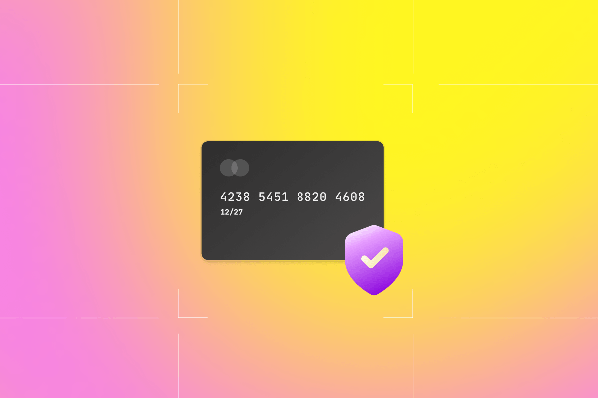A black credit card with numbers and a purple shield icon symbolizing secure transactions.