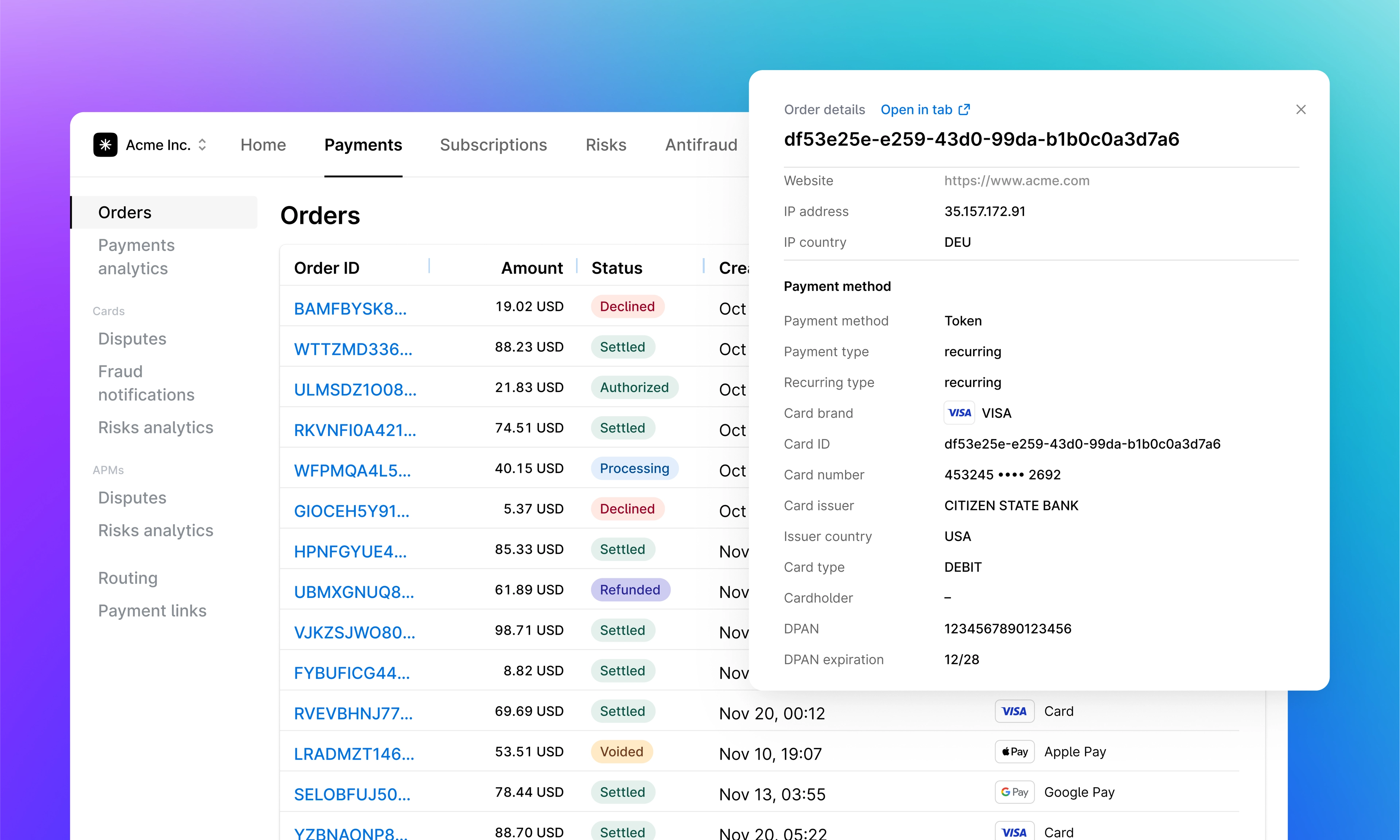 Dashboard showing a list of orders with a detailed transaction pop-up.