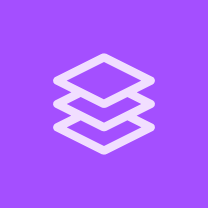 A white icon of three stacked squares with rounded corners on a purple background.