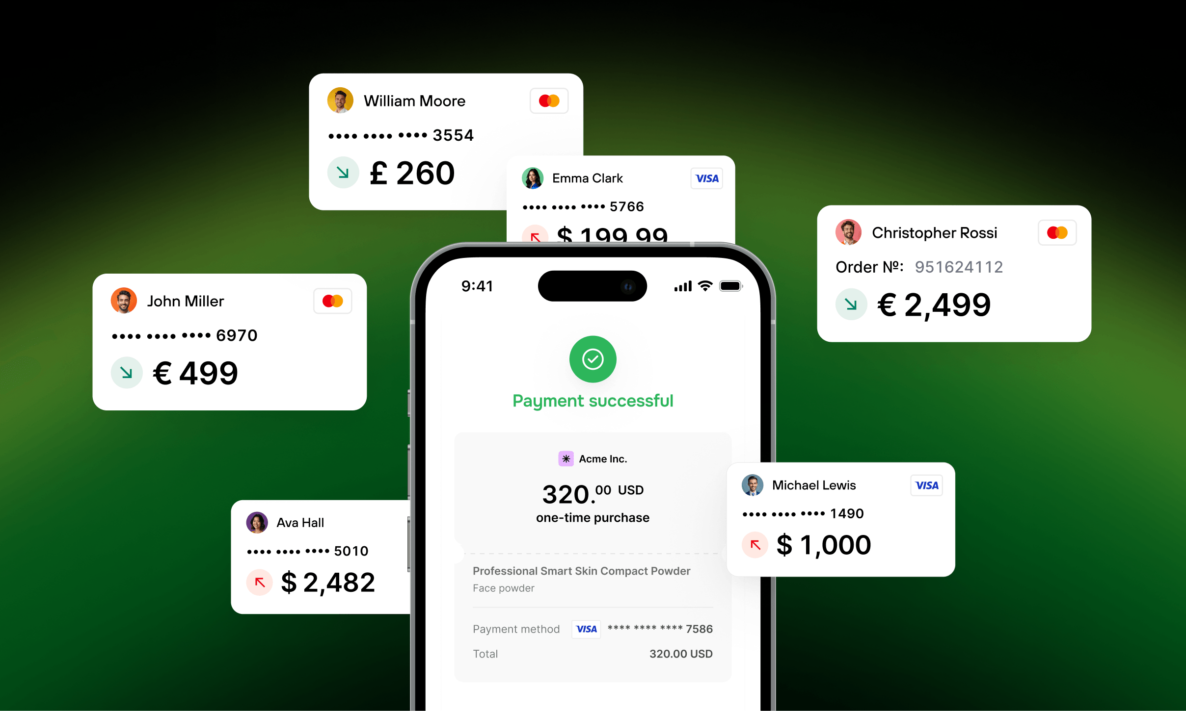 Smartphone showing successful payment with digital wallet cards displaying various currency transactions.