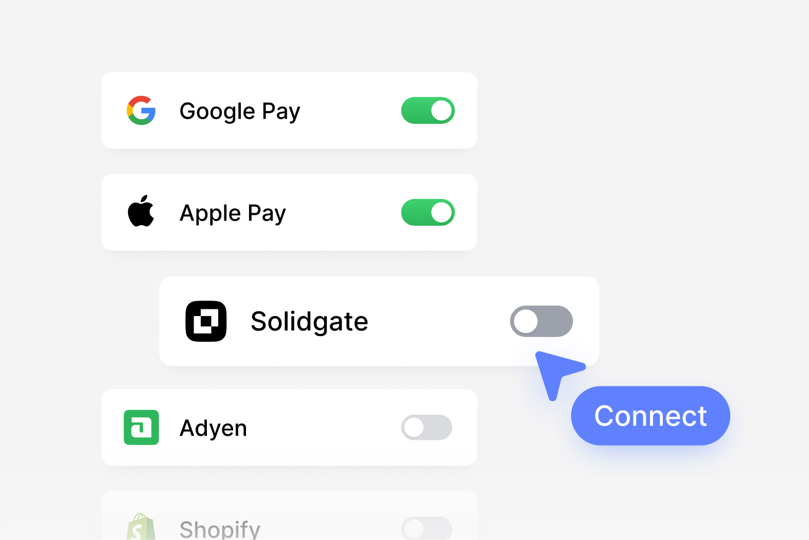 UI shows toggles for payment methods: Google Pay, Apple Pay, Solidgate, and Adyen.