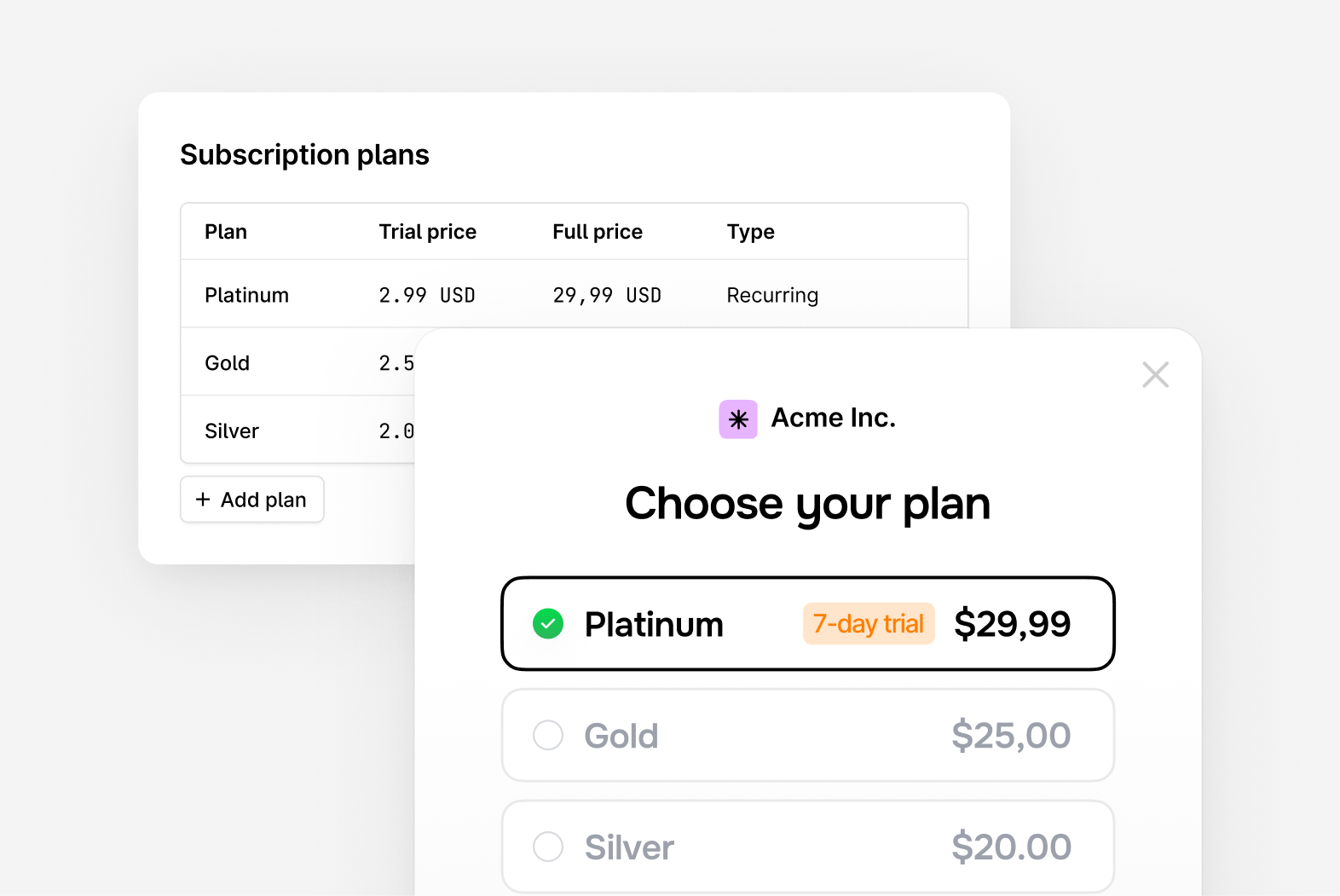 UI displays subscription plans, showing Platinum, Gold, and Silver options with prices.