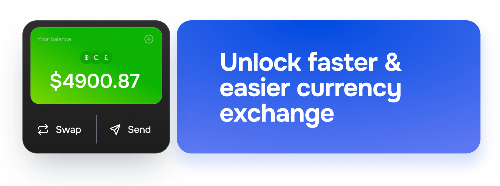 Digital wallet screen with $4900.87 balance, promoting faster, easier currency exchange.