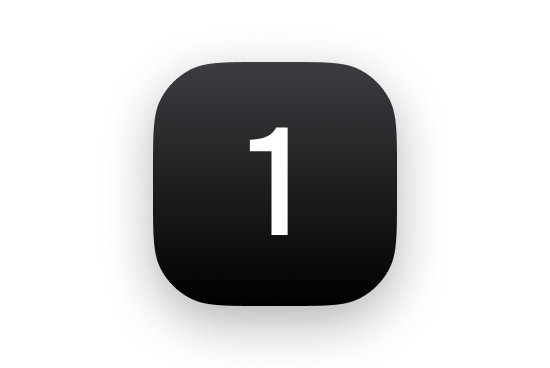 Dark grey rounded square with a prominent white number one, casting a subtle shadow.