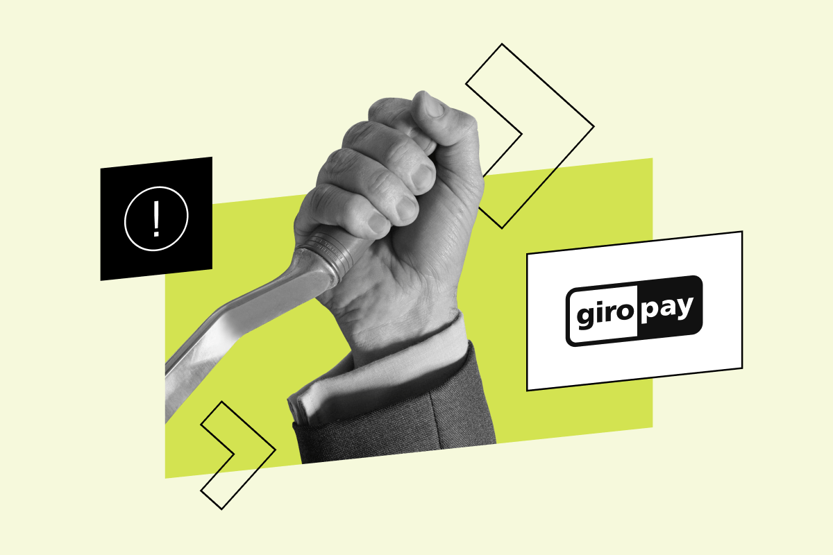 Giropay logo alongside a raised fist holding a fork, complemented by a warning symbol, on a yellow geometric design.