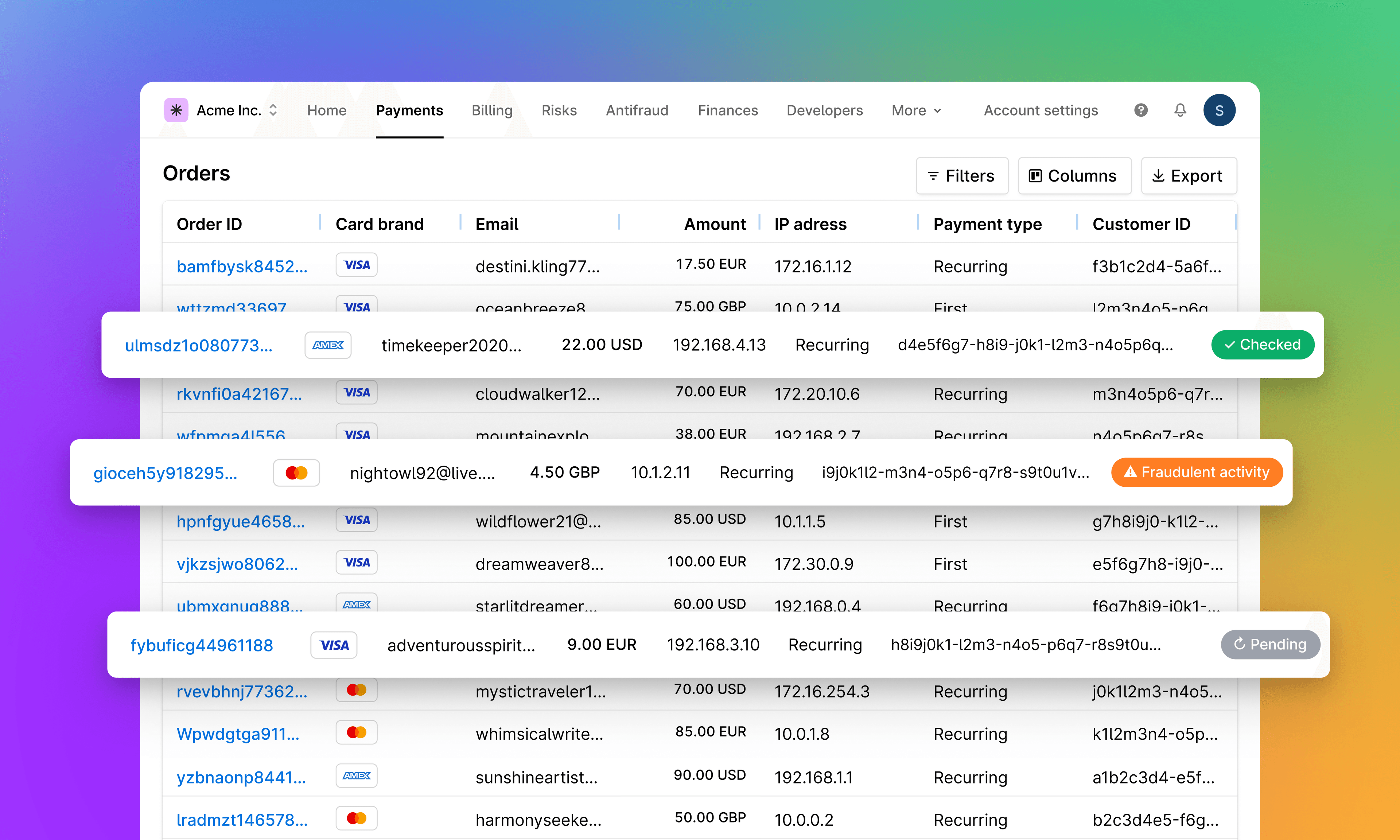 Order detail table showing payment type, card email, IP, and transaction status indicators.
