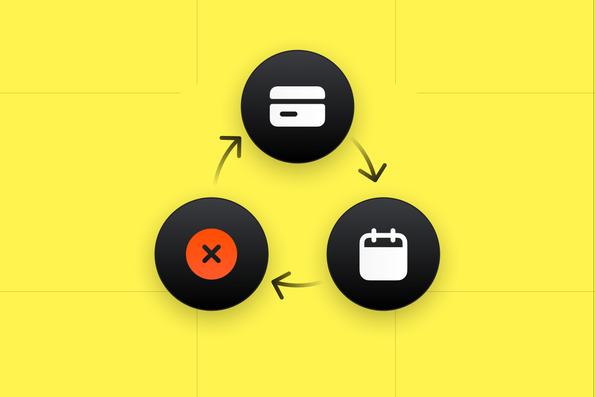 Icons of credit card, calendar, and red 'x' forming a cyclical process.