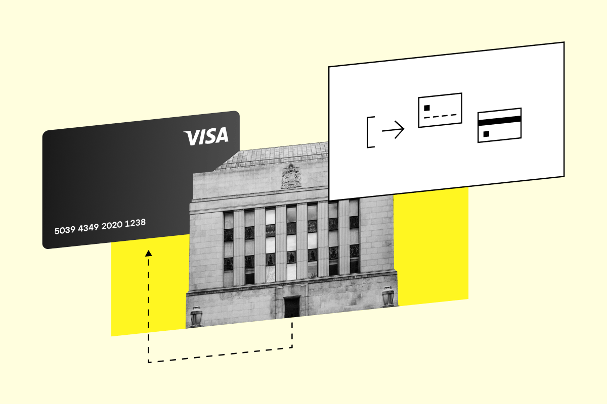 Visa credit card with a bank in the background and a diagram showing the payment process.