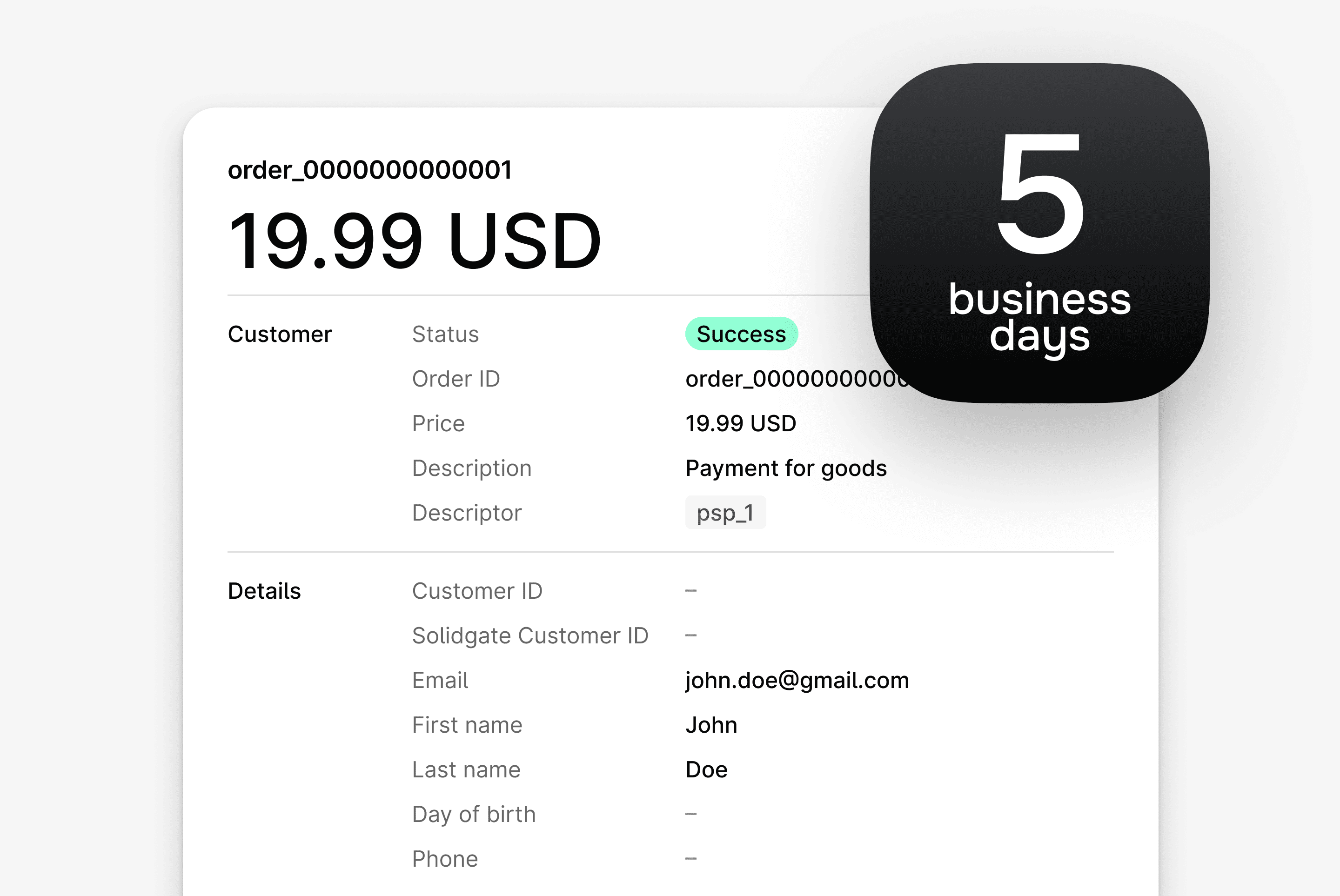 Order details interface showing a $19.99 successful transaction, customer info, and '5 business days' badge.