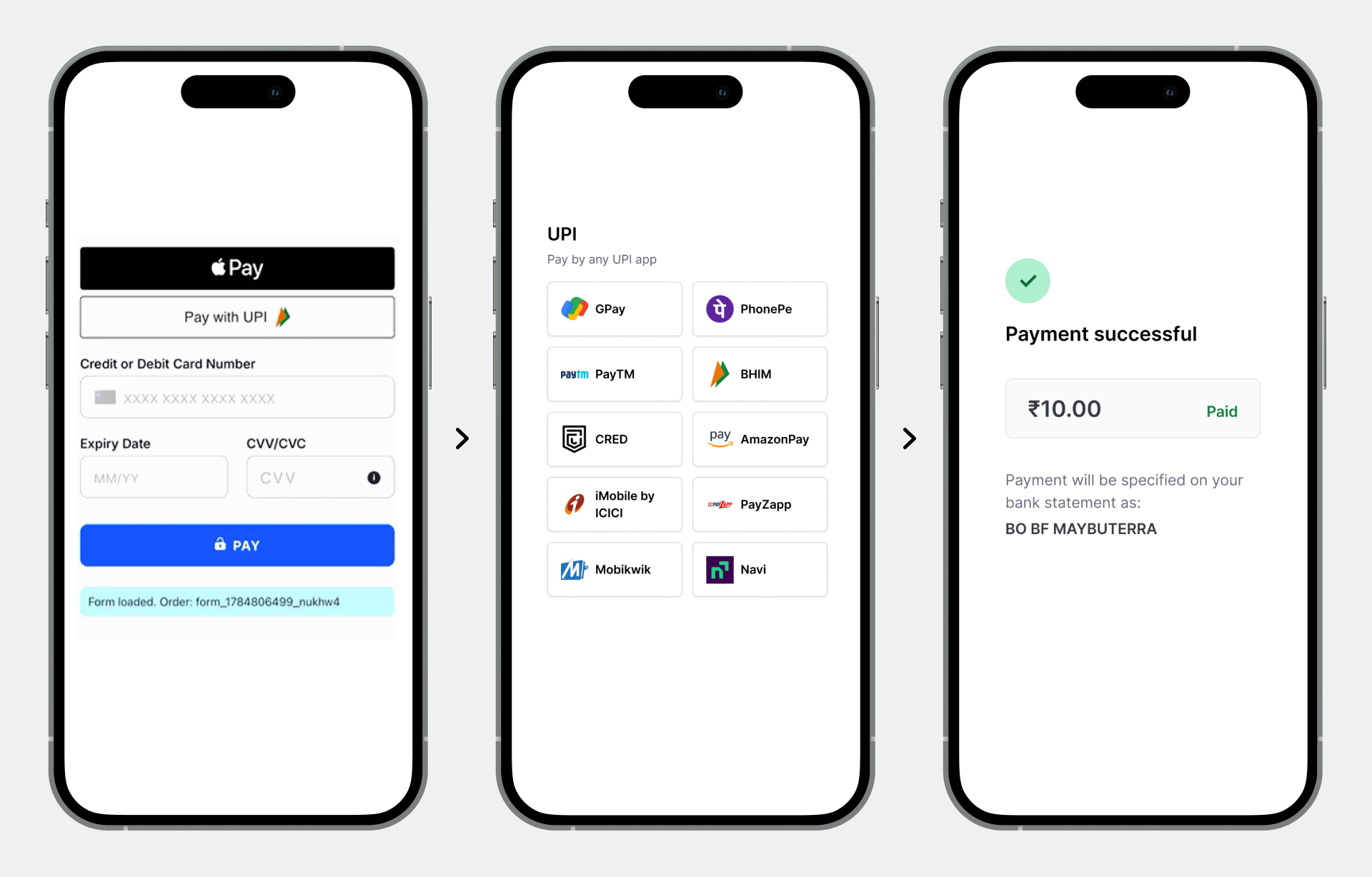 Three mobile screens displaying a payment flow, from selection to successful completion.