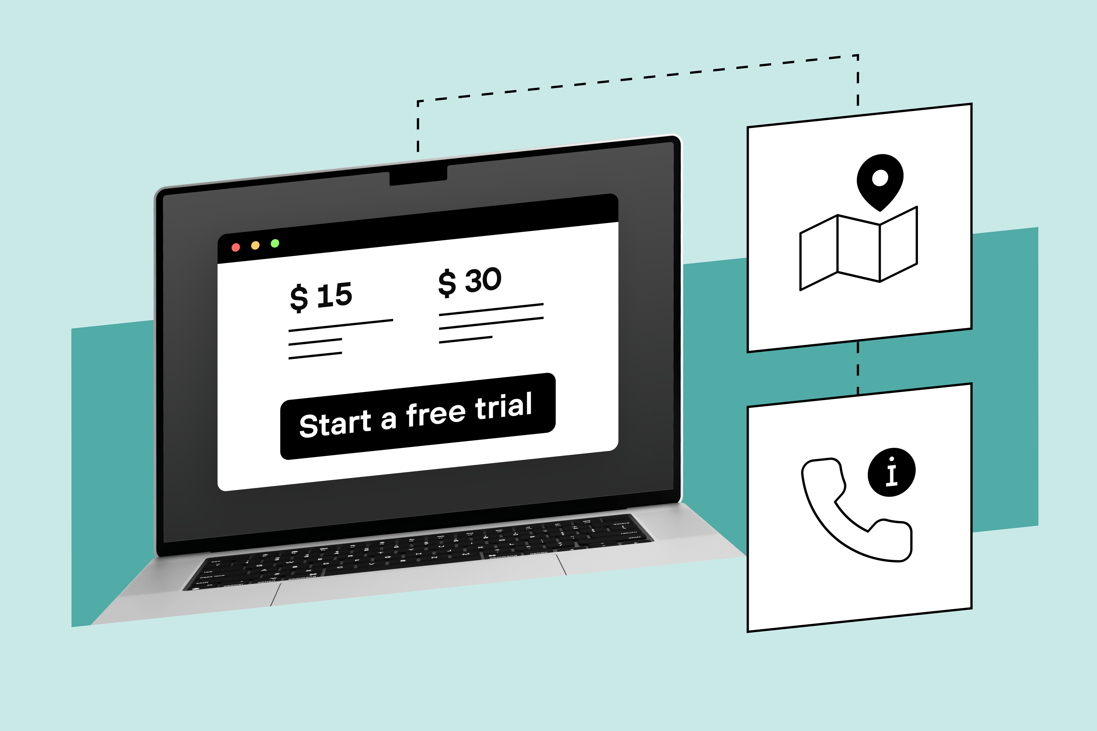 Laptop with trial pricing and "Start a free trial" button, accompanied by map and phone contact icons.