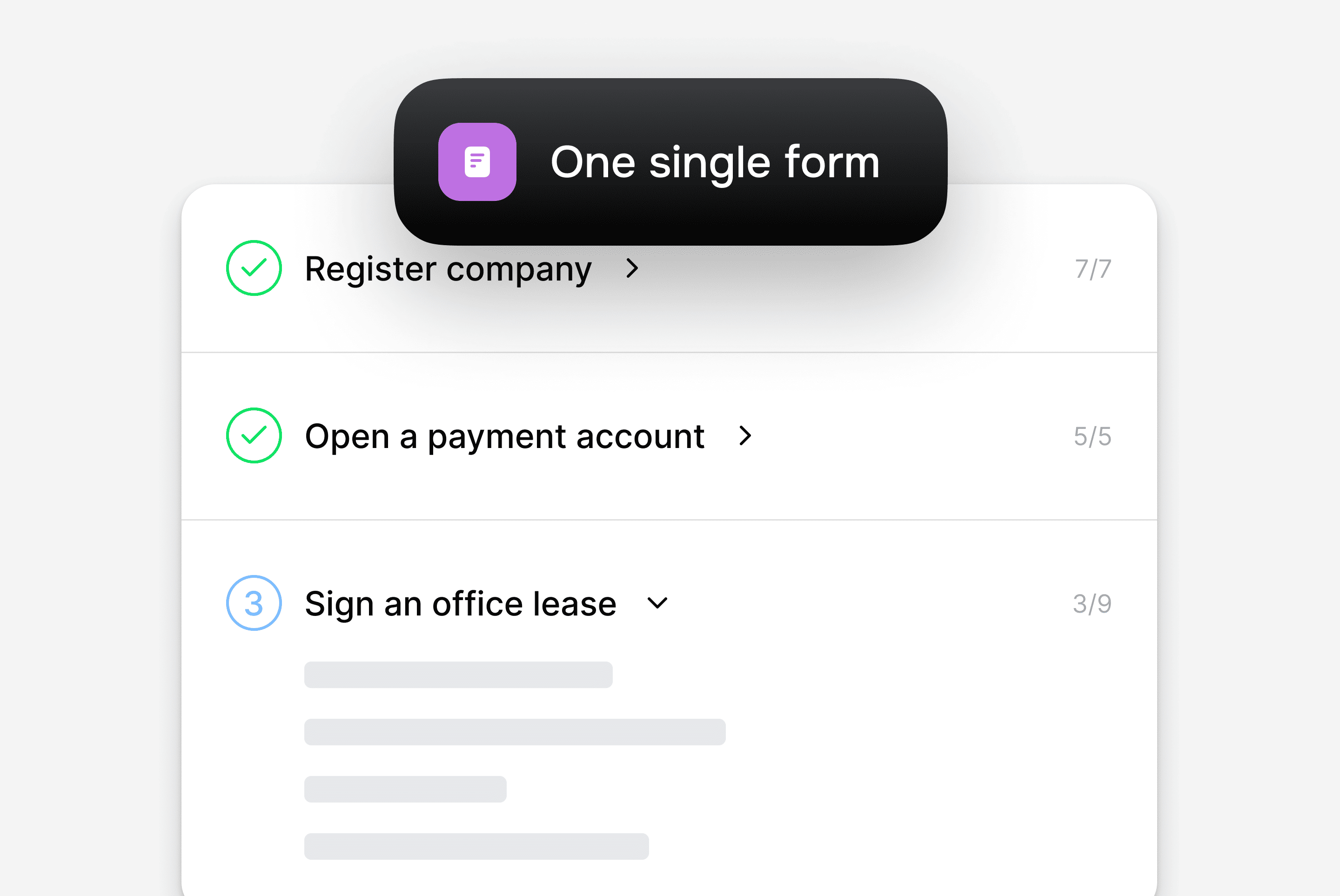 A digital task list displays progress for company registration and payment, emphasizing 'One single form'.