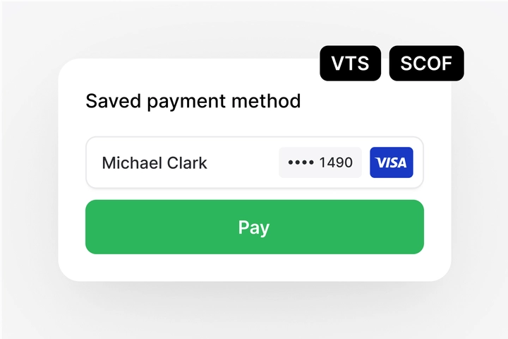 Saved payment method form displays a Visa card ending 1490 for Michael Clark.