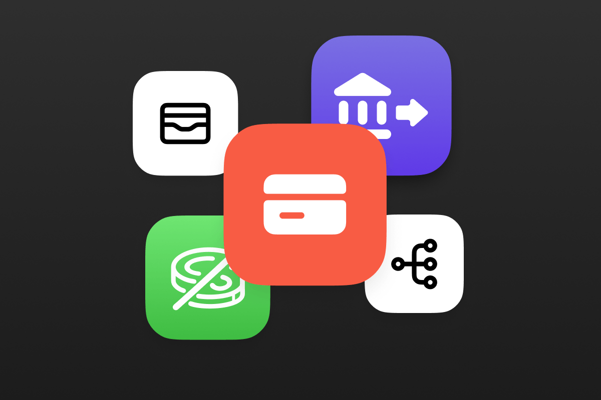 Five colorful app icons representing banking, credit cards, transactions, and financial services.