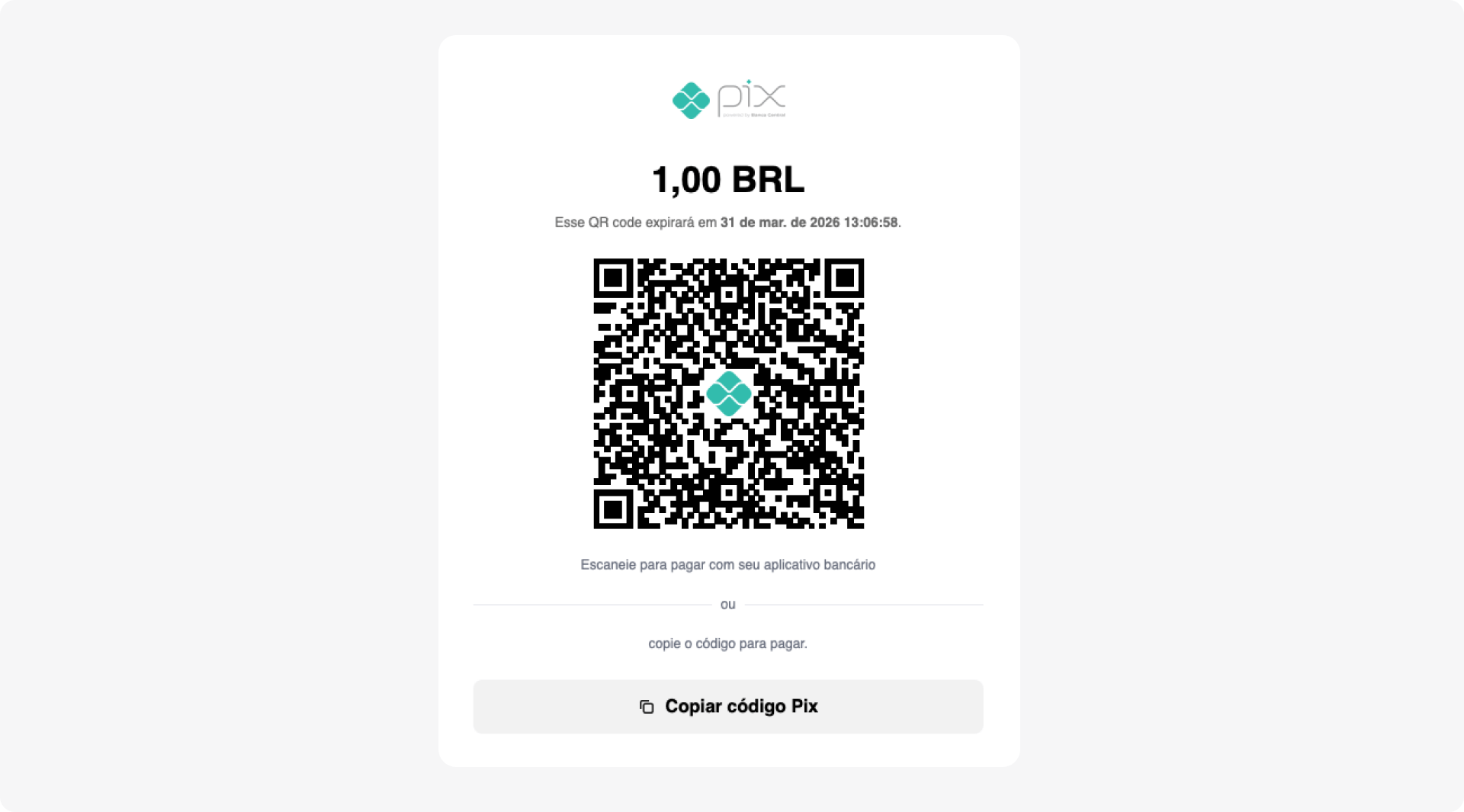 A mobile screen displaying a QR code for a 1,00 BRL payment transaction.