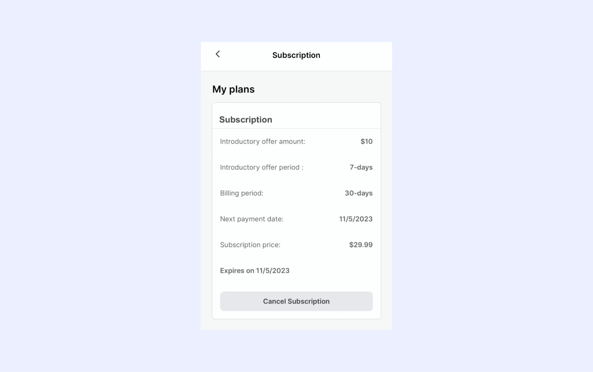 Mobile subscription plan summary with introductory offer, billing period, next payment date, and cancel option.