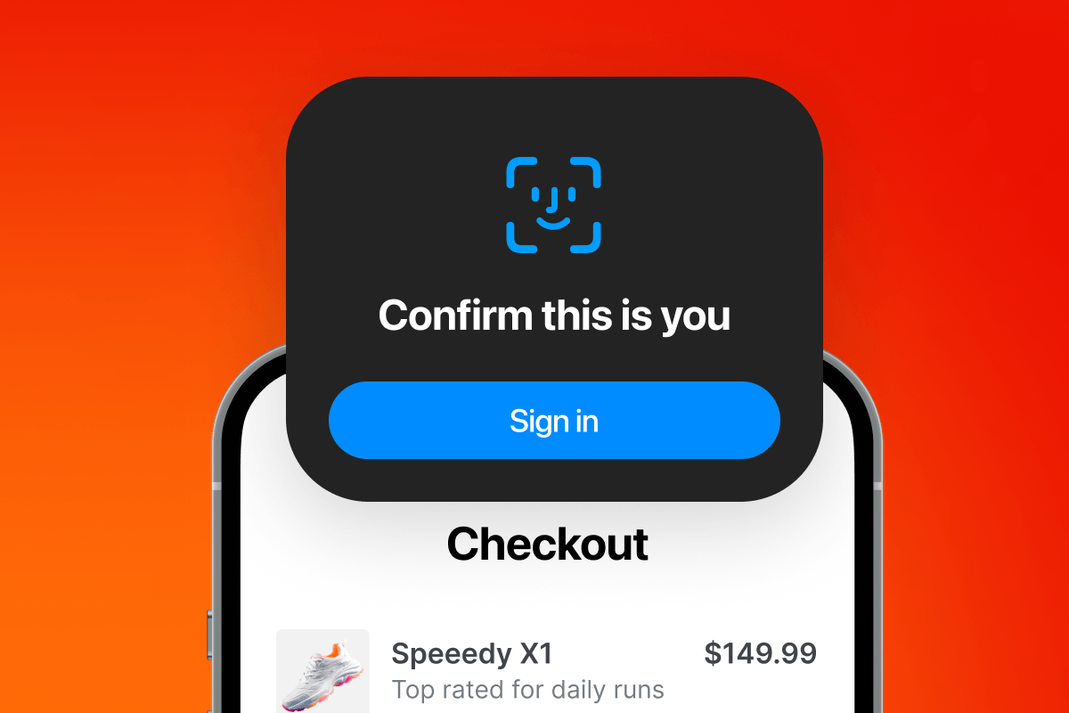 A smartphone screen shows a checkout page with a Face ID payment authentication pop-up: 'Confirm this is you'.