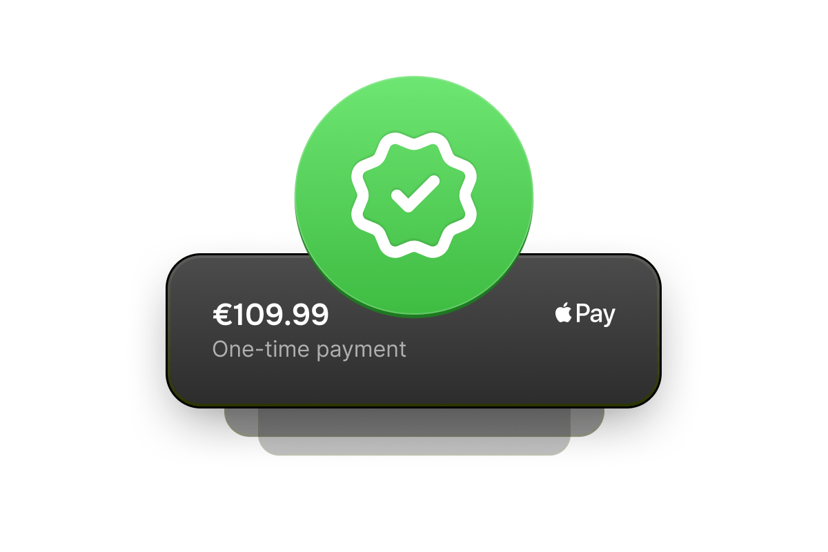 A confirmed Apple Pay transaction showing €109.99 approved as a one-time payment, illustrating a successful payment authorization.