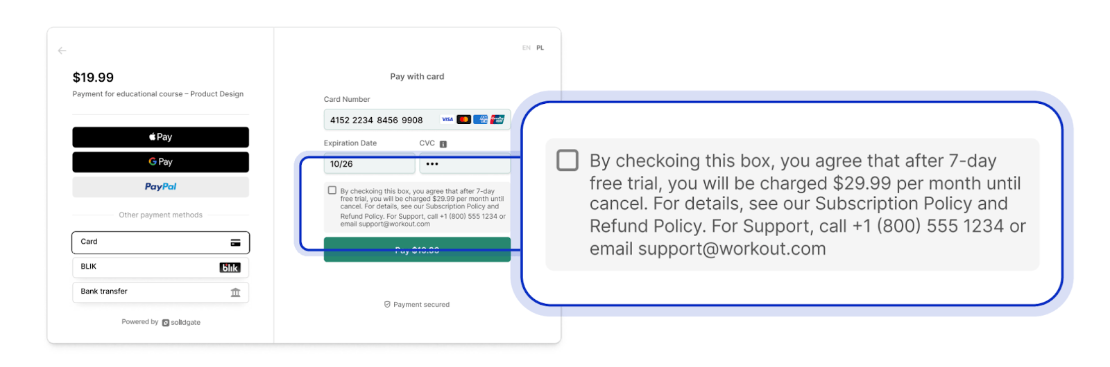 Payment link with different payment methods and recurring billing notice saying: By checkoing this box, you agree that after 7-day free trial, you will be charged $29.99 per month until cancel. For details, see our Subscription Policy and Refund Policy.
