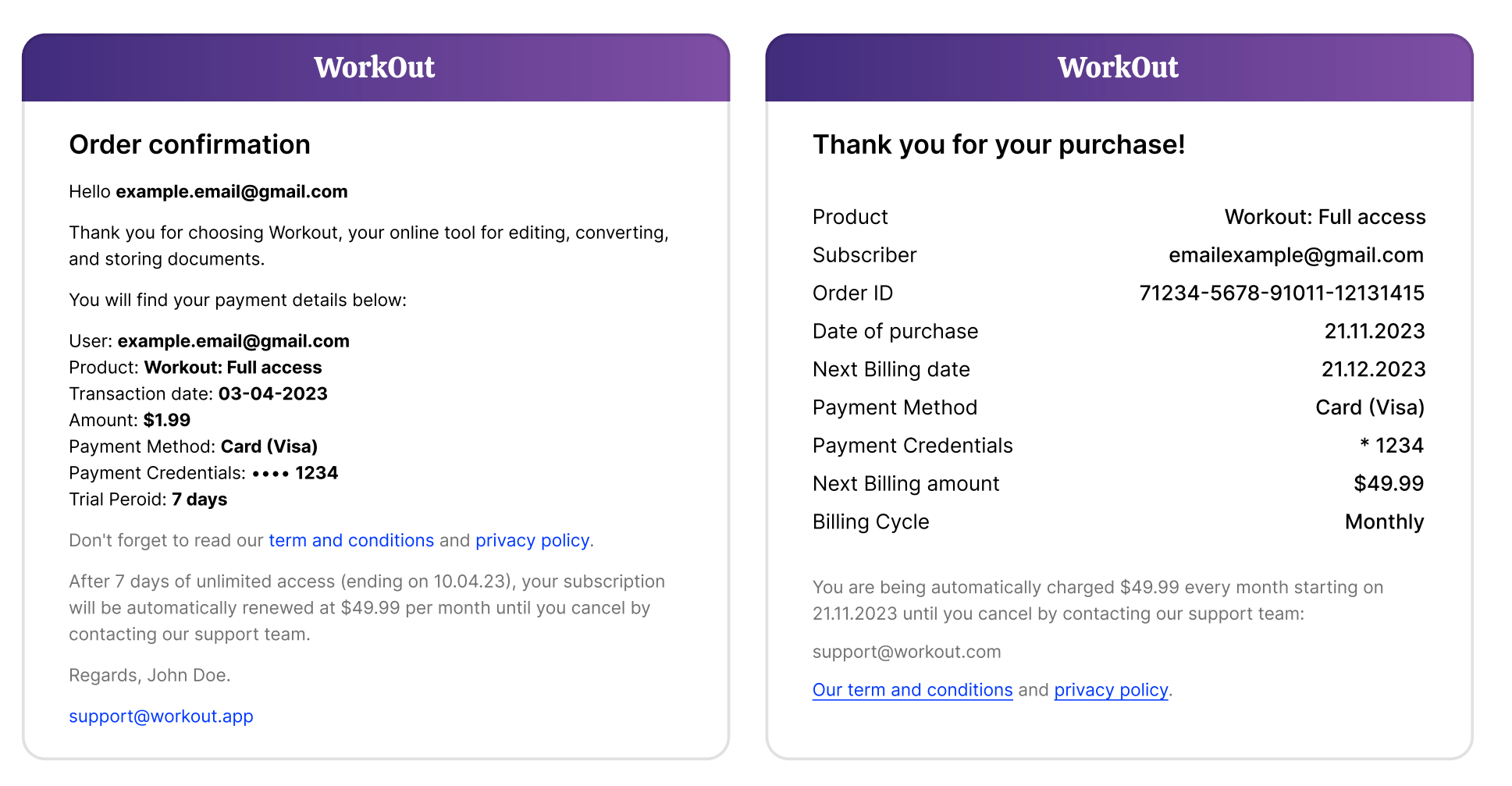 Order confirmation with payment details and subscription terms
