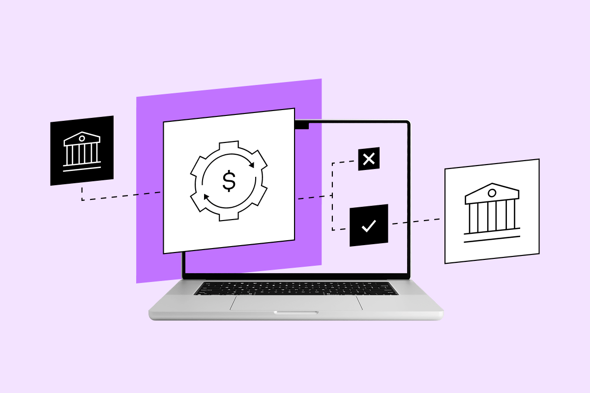 Laptop illustration with icons for payment approval, banks, and transaction status, depicting the payment process.