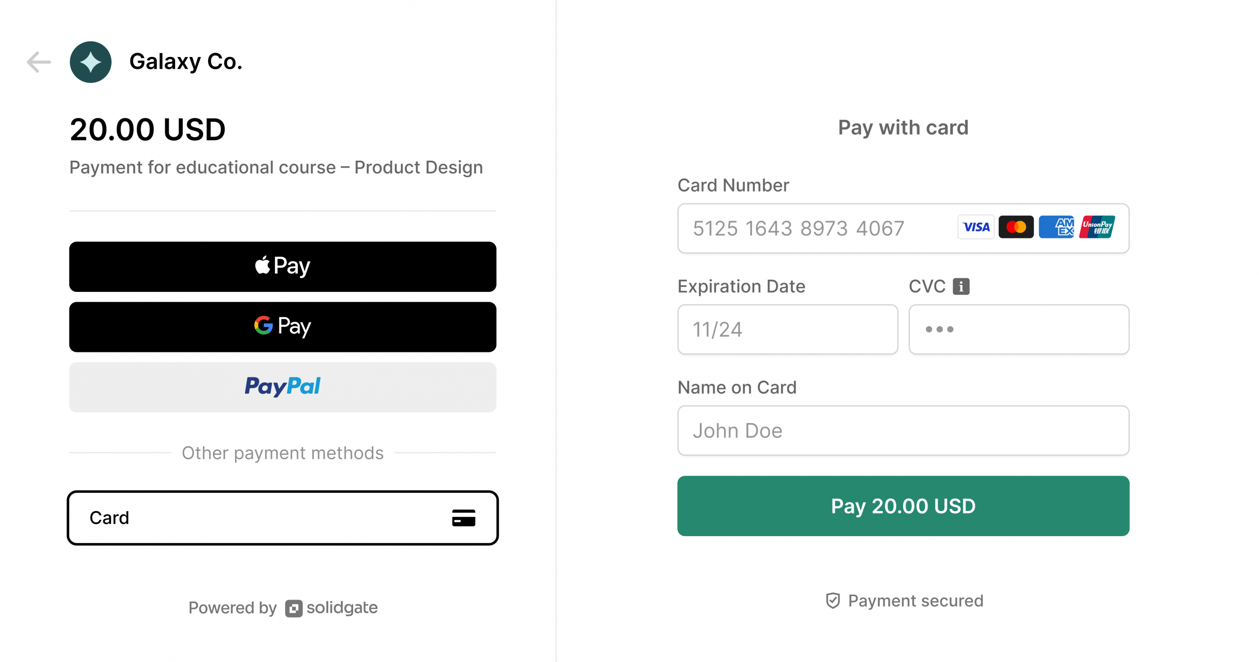 Payment link checkout screen, offering Apple Pay, Google Pay, PayPal, and card payment options for  educational course.