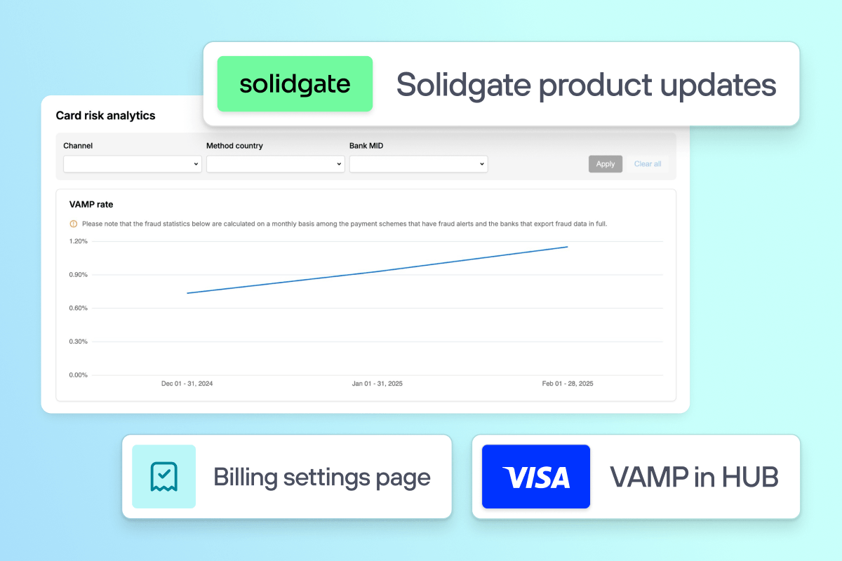 Solidgate product updates covering Billing settings page, and Visa VAMP in HUB phrases on a blue background.