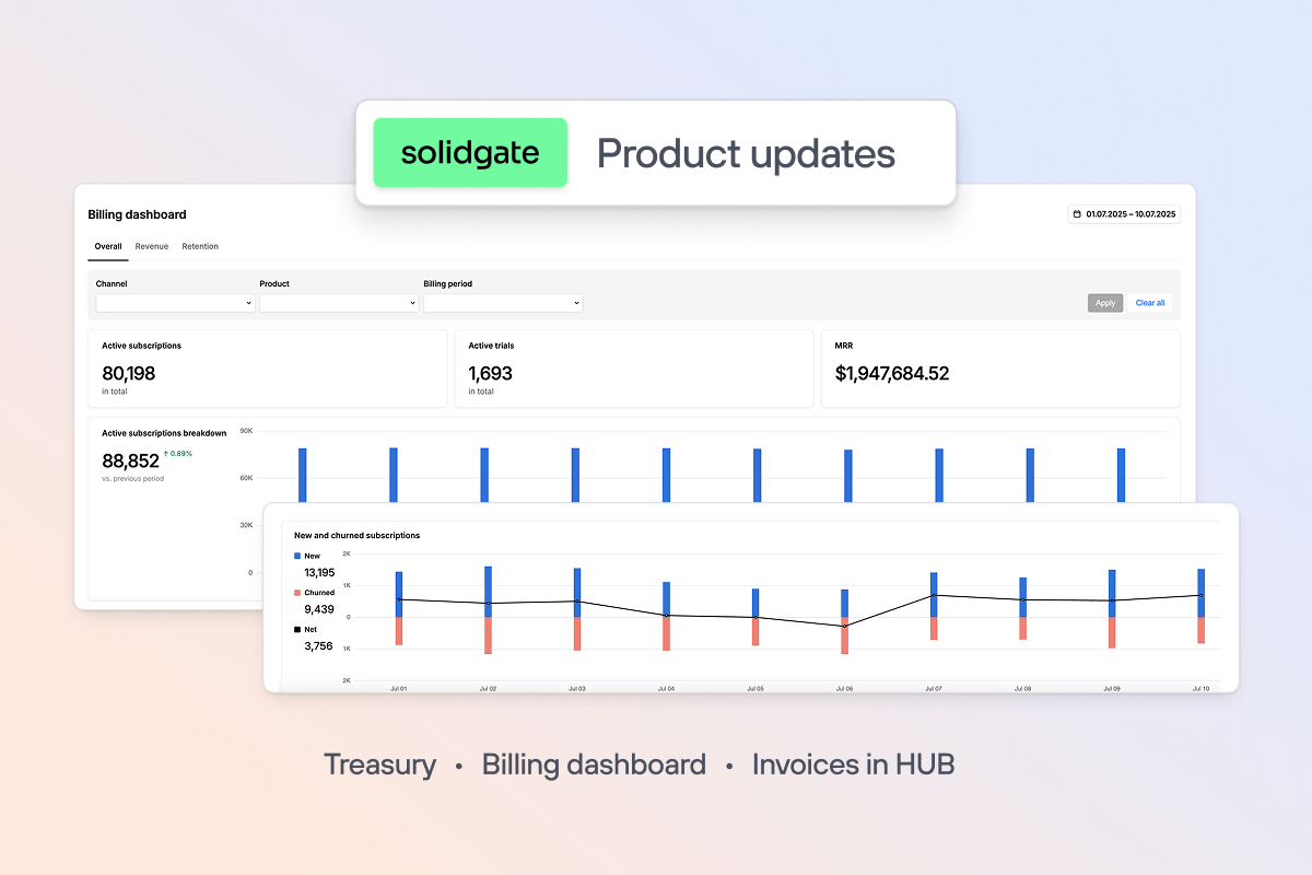Solidgate updates phrase with a billing dashboard on the background and key features of those to share.
