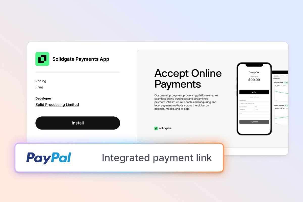 Solidgate Payments App installation screen and mobile view for accepting online payments, with PayPal integrated payment link badge.