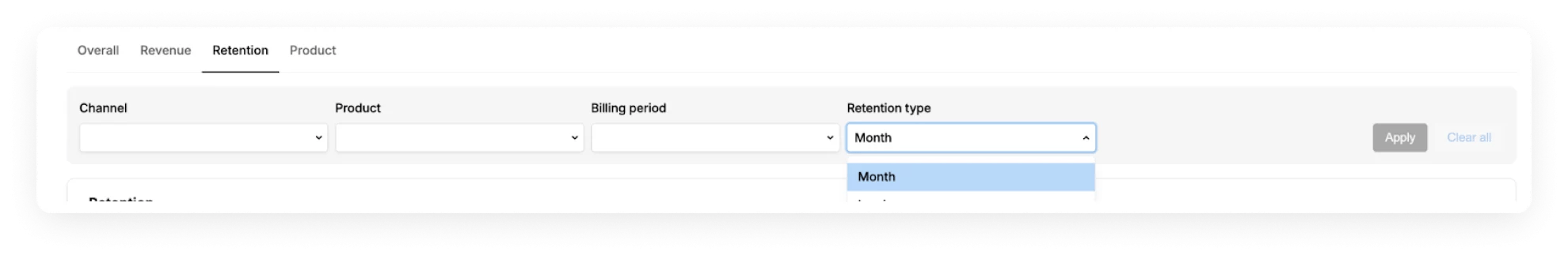 A screenshot of a retention tab in Solidgate Billing dashboard