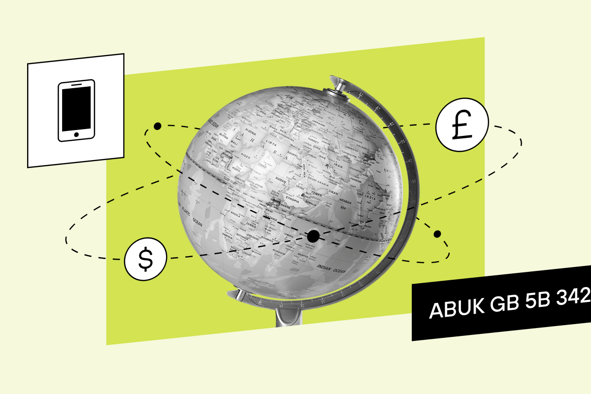 A globe with currency symbols and an account number illustrates international money transfers and global digital banking.
