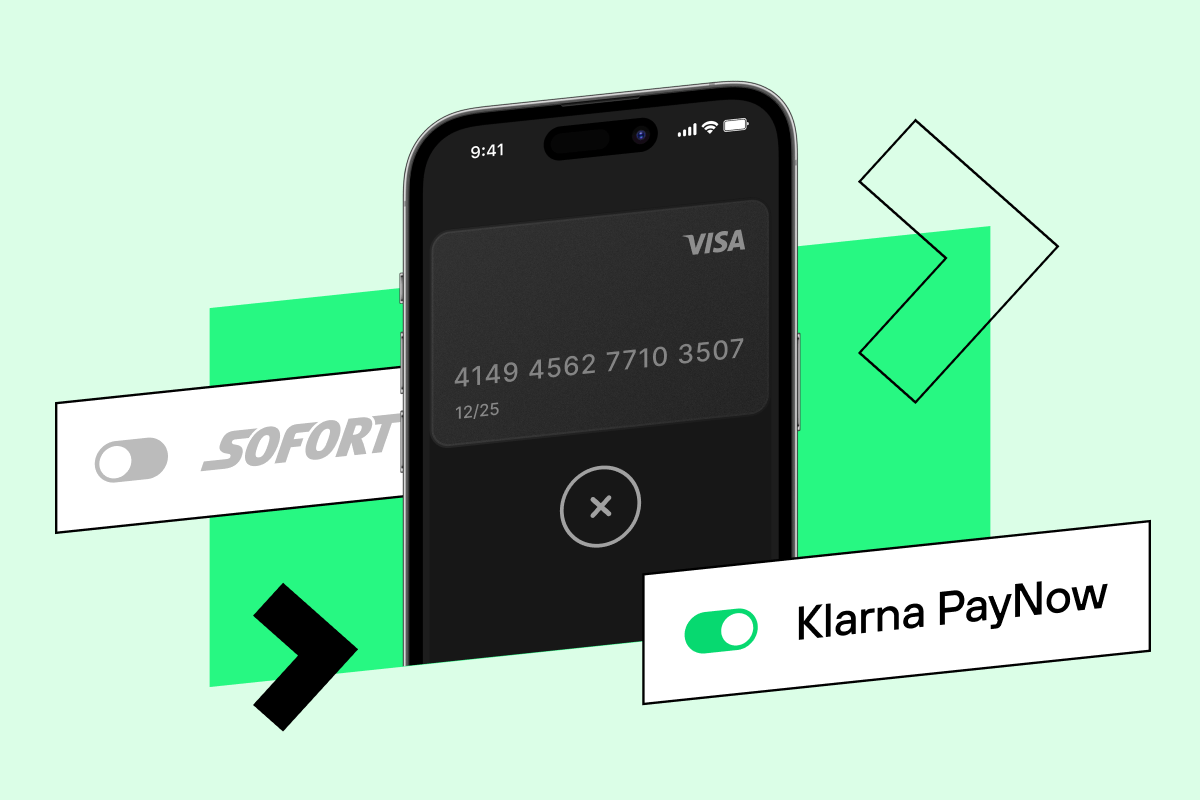 A smartphone displays a Visa card with Sofort and Klarna PayNow toggles, highlighting alternative payment method selection.